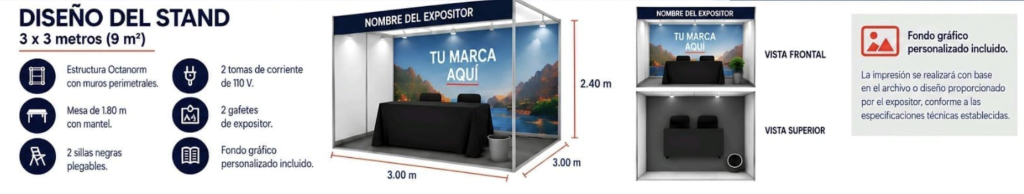 Diseño del Stand 3x3 metros (9m²) - Especificaciones técnicas oficiales